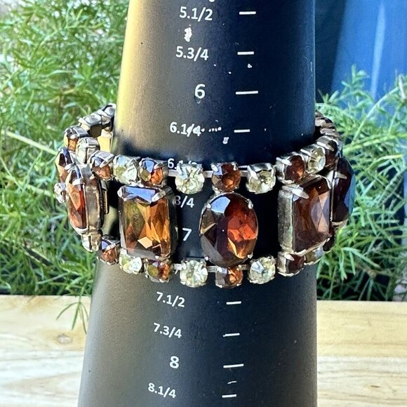 Vintage Link Bracelet Size 7 Amber Yellow Rhinestones‎ Crystal Glass Gold Plated - Picture 7 of 8